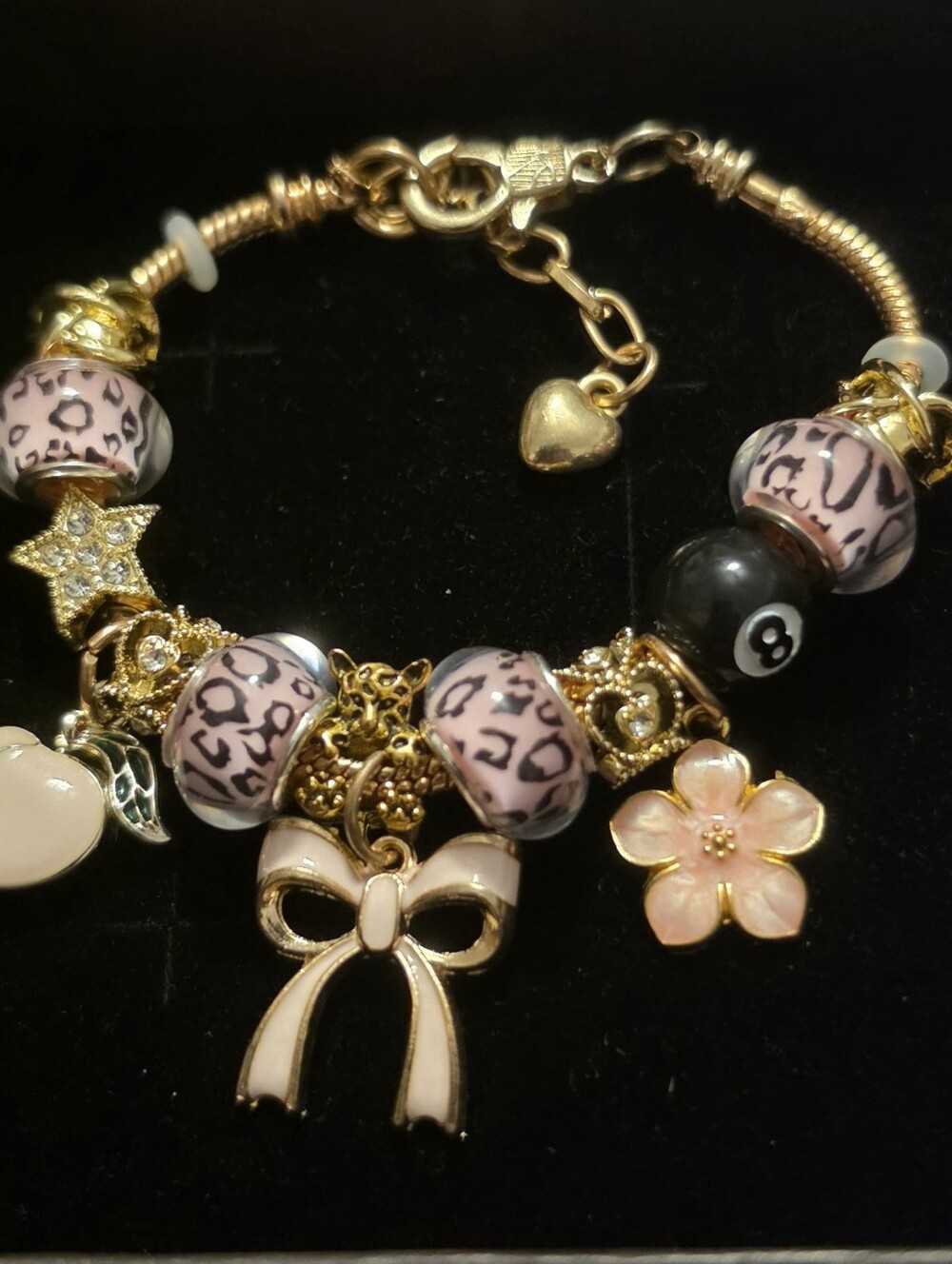 Pink Leopard Charm Bracelet with Bow & Flower Charms